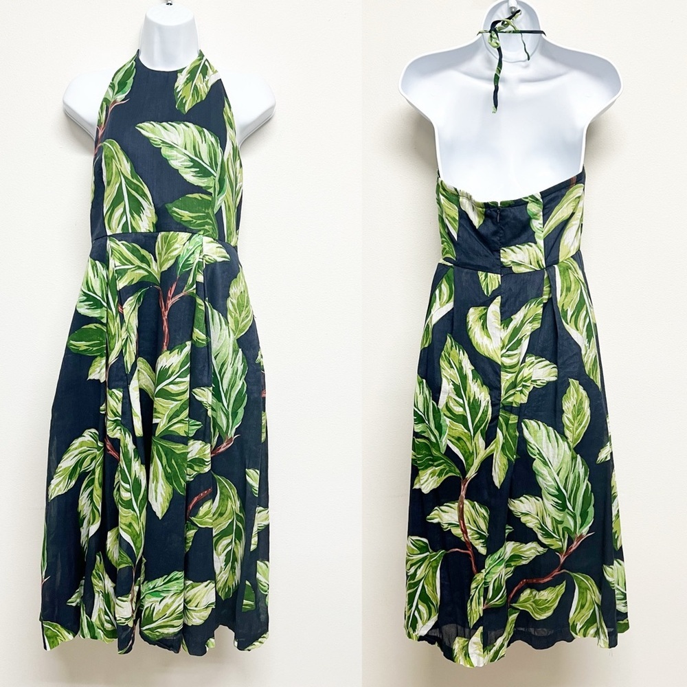 Ann Taylor Womens Linen Amalfi Tropical Palm Leaf Print Halter Dress Size 6 - Picture 2 of 6